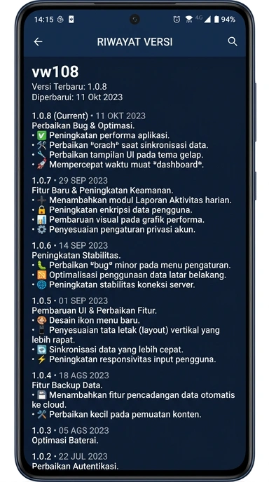 Tampilan riwayat versi vw108